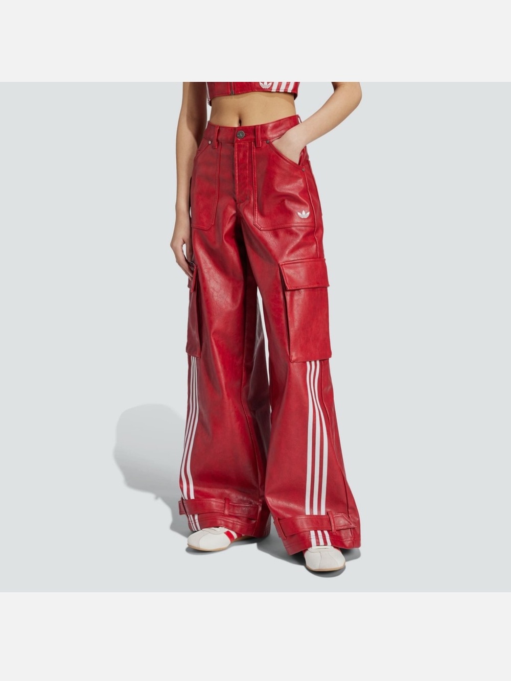 Adidas Red Wide-Leg Cargo Pants with White Stripes - Picture 4 of 7